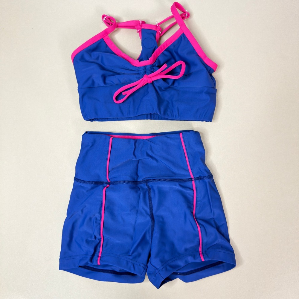 Honeycut Dance Set Kids Size CM Blue Pink Excellent Two Piece Shorts Bra Bow